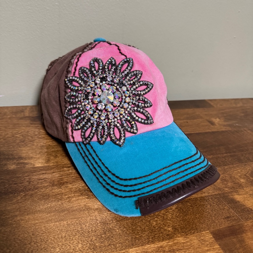 Olive & Pique Bling Hat Cap Adjustable Rhinestone Floral